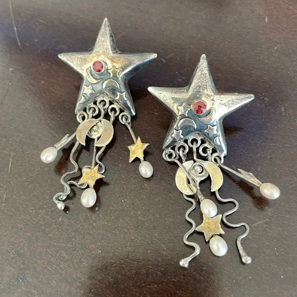 SALE!! Seriously Funky Sterling, Pearl & Stone Earrings - Picture 1 of 3